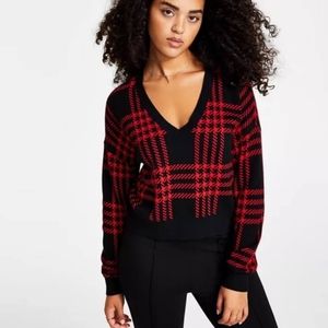 Bar III Black Red Plaid NWT Women's Crop Sweater